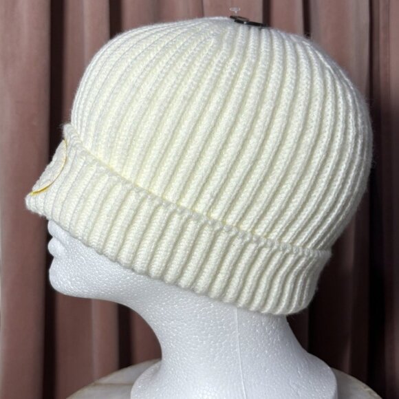 Hat Beanie Knit Cap Smiley Face Fleece Ivory Yellow - Picture 2 of 8